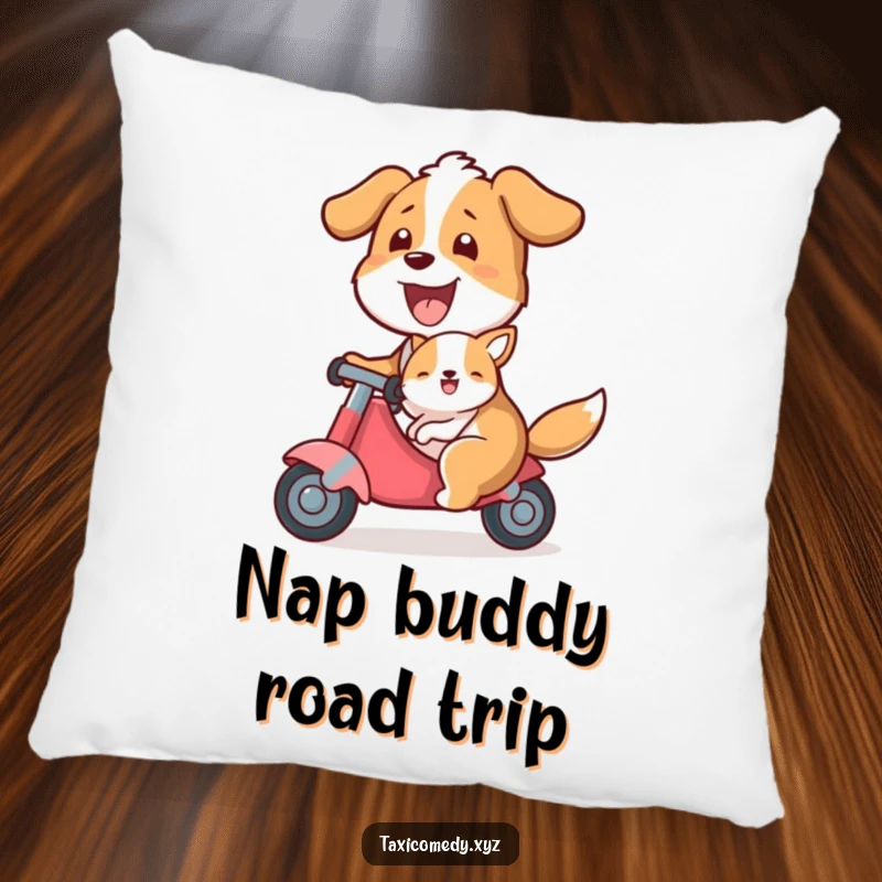 Funny pillow featuring a dog happily giving a ride to a smaller animal passenger, offering comfort and a humorous, heartwarming touch.