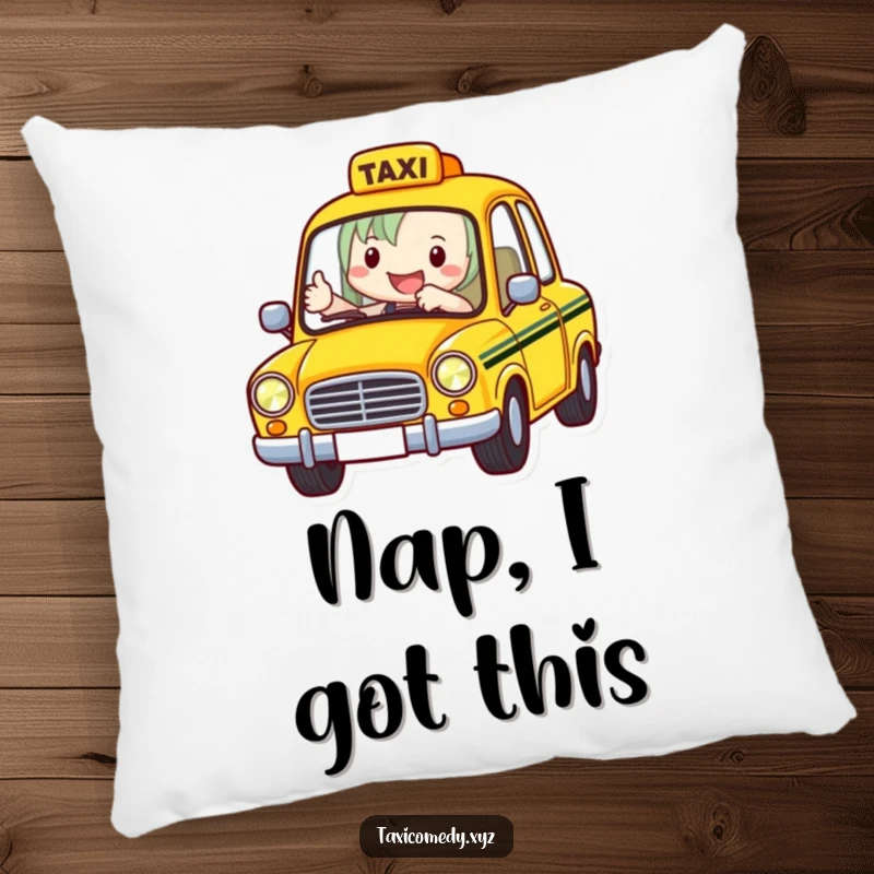Funny Taxi Driver Pillow featuring a cheerful taxi driver giving a thumbs-up, designed for cozy comfort and humorous city-themed decor.