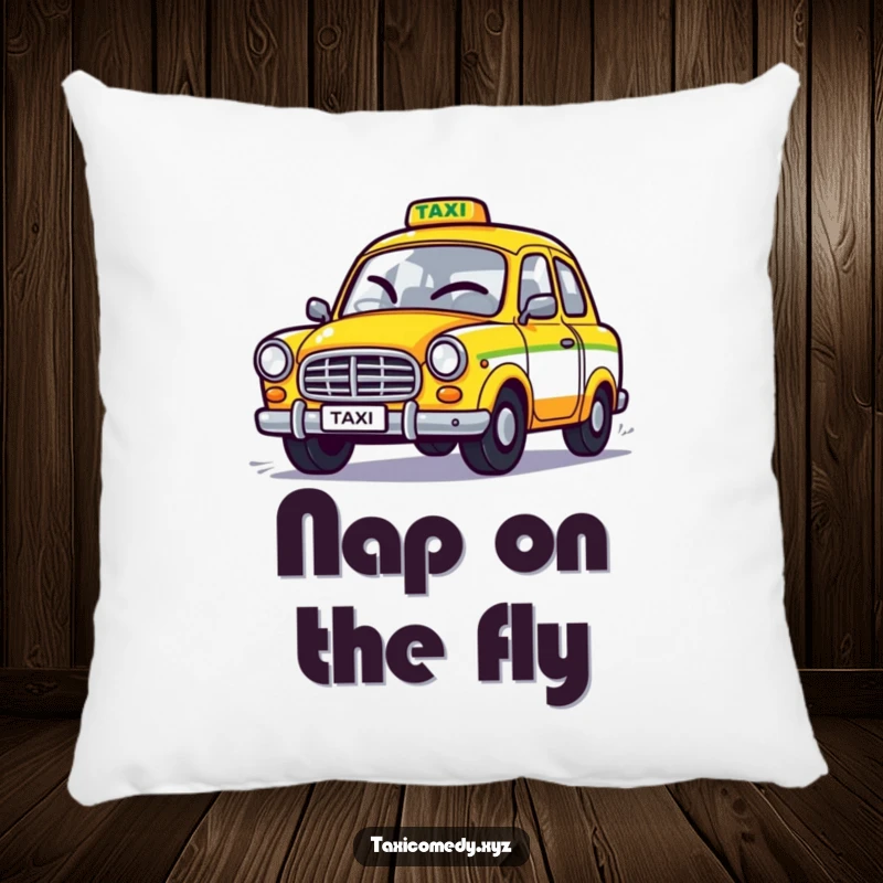Funny pillow featuring a stylized taxi winking playfully while speeding away, offering comfort with a side of automotive humor.