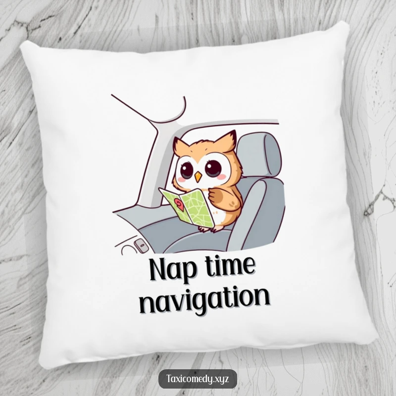Funny Owl Navigator Pillow: A comfortable pillow featuring a curious owl looking at a map, adding wisdom and humor to decor.