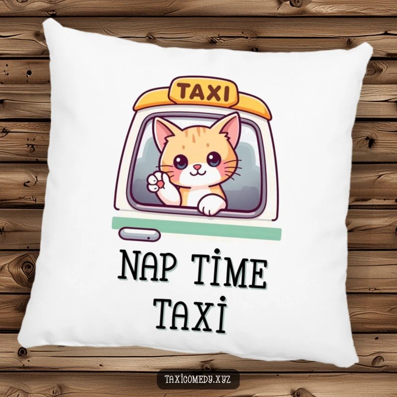 Funny cat peeking out of a taxi, waving, designed as a soft and decorative pillow.