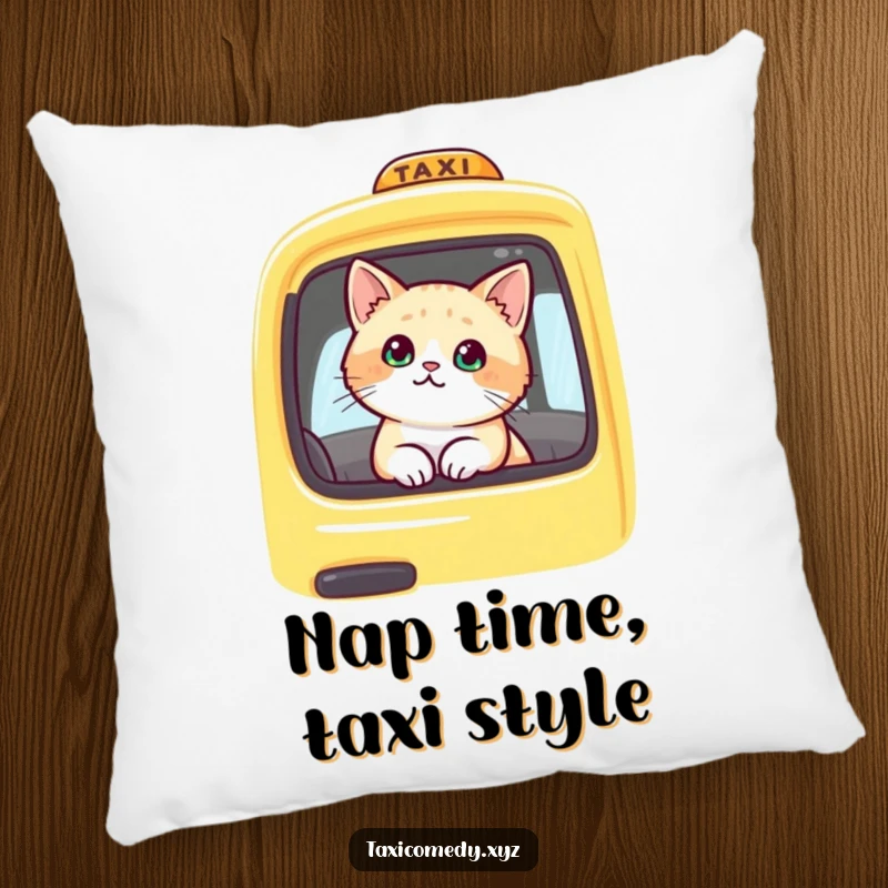 Funny cat inside a yellow taxi, looking out. This pillow merges comfort with cute, humorous art for a delightful home accent.