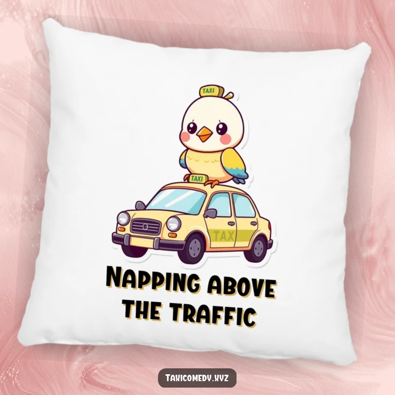 Funny pillow with a cute bird humorously riding on top of a taxi, adding character.