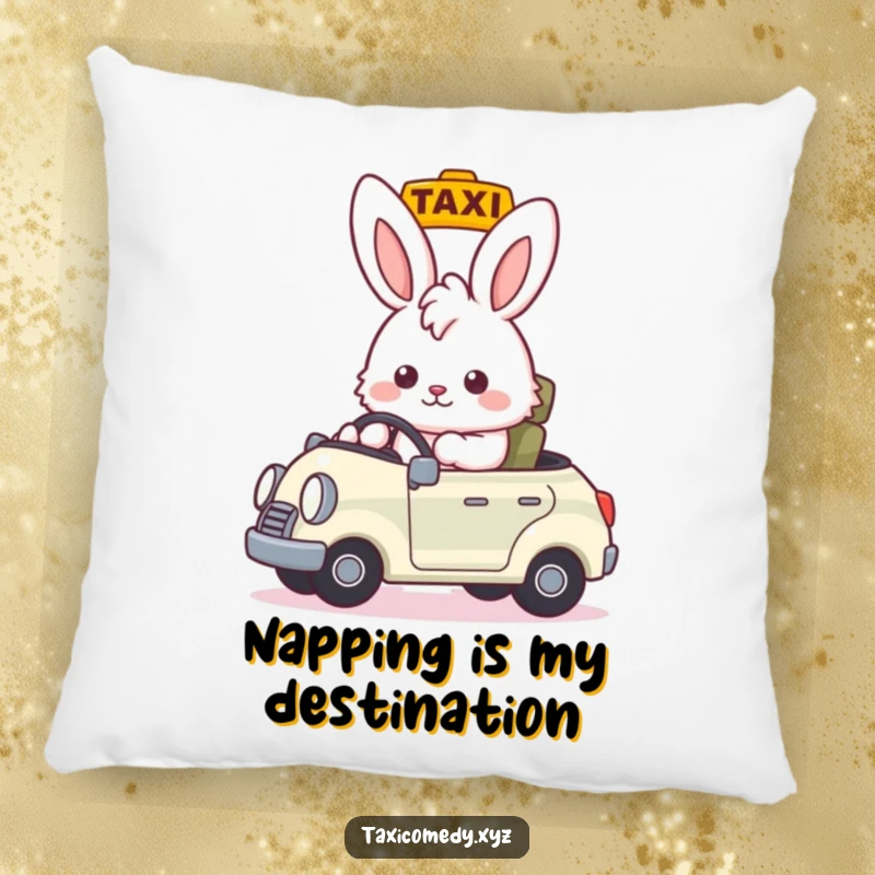 Funny fluffy bunny taxi driver giving a nod, soft funny gift pillow for cozy home accents.