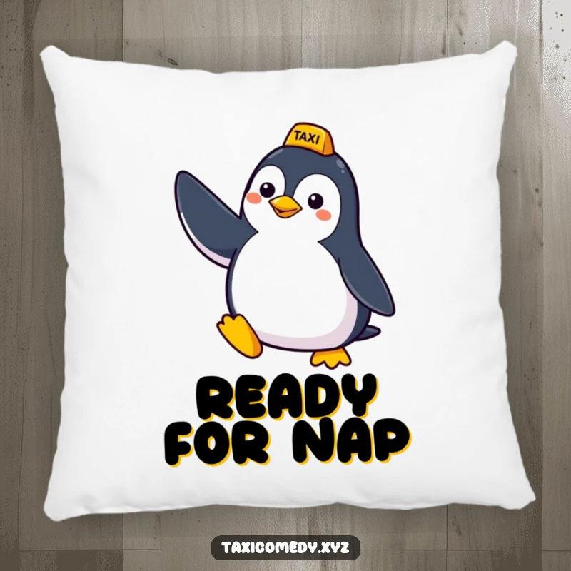Funny pillow featuring a cute, cheerful penguin with its wing up, humorously signaling for a taxi, adding a touch of whimsy.