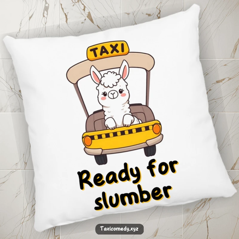 Funny pillow featuring a cheerful llama riding in a taxi and looking out the window, adding a touch of cozy humor.