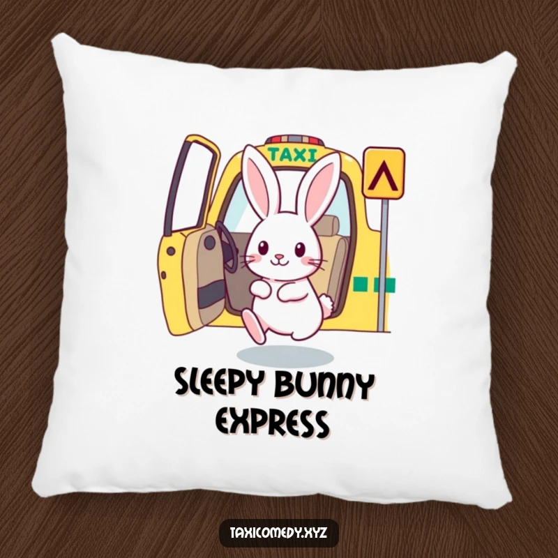 A soft pillow featuring a funny, eager rabbit hopping into a taxi.