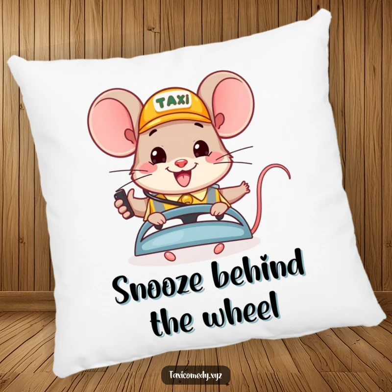 Funny pillow design: a happy mouse wearing a headset cheerfully dispatches taxis, offering cozy and comical comfort.