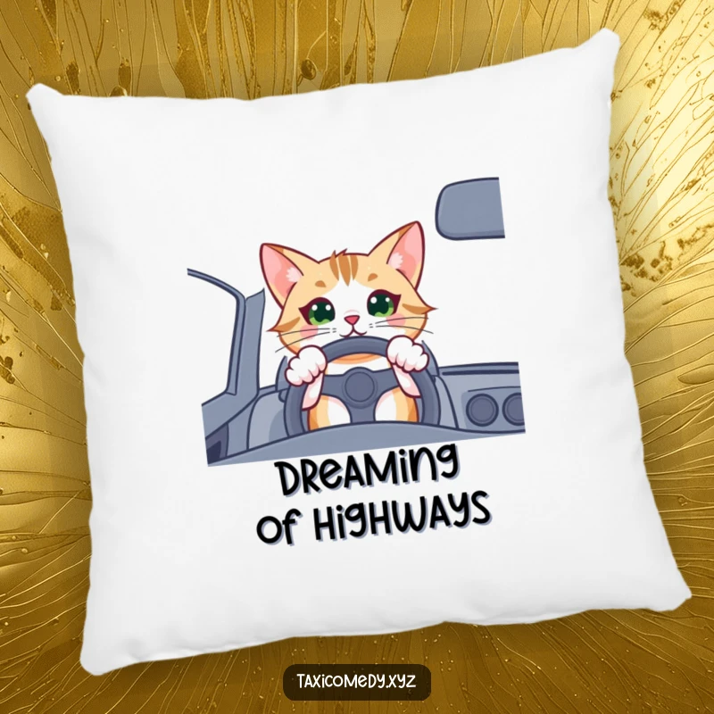 Funny cat driver pillow, a soft cushion showing an excited cat gripping a steering wheel, ready for adventure.