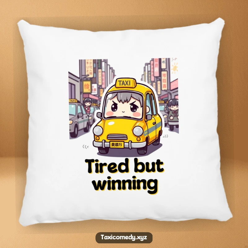 Funny Determined Taxi Pillow featuring a taxi character with a determined expression navigating crowded city streets, designed for cozy comfort and urban humor.