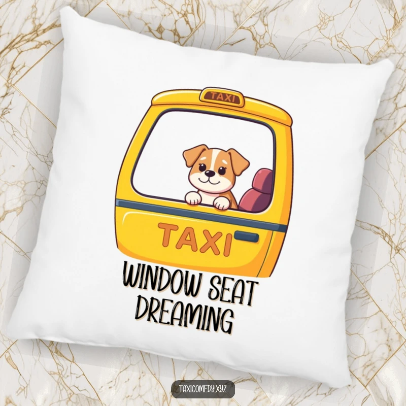 Funny dog taxi pillow, soft cushion featuring a dog in a bright taxi, comfortable and humorous home decor accent.
