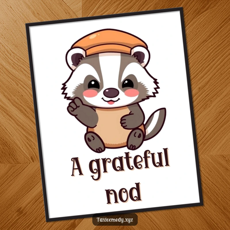 Funny digital art print of a badger character showing a happy, grateful nod after paying the taxi fare, full of polite charm.