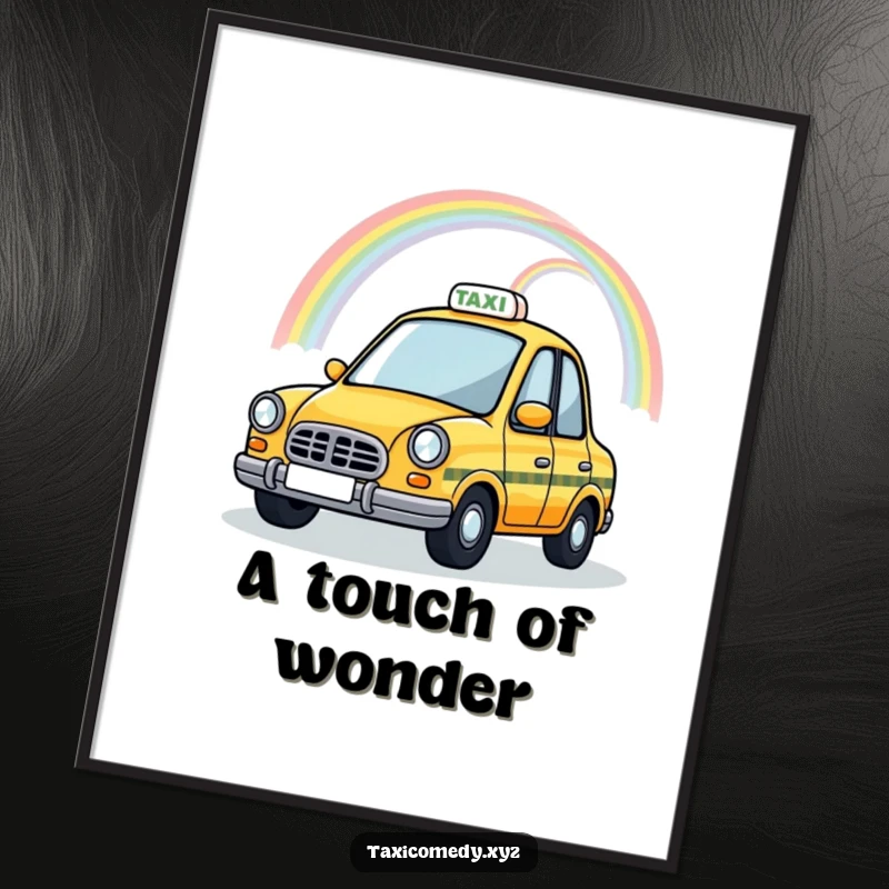 Funny Magical Taxi Digital Art Print of a taxi cab with a rainbow arching over its roof, designed to bring magical and whimsical humor to any wall.