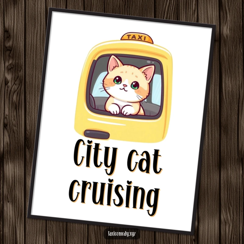 Funny cat inside a yellow taxi, looking out. This digital art print offers instant humor and charm for printable wall decor.