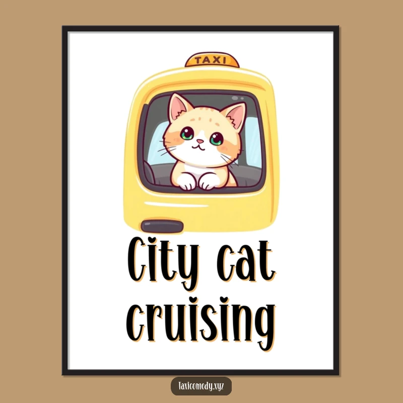 Funny Cat Taxi Digital Art: Cute Feline Poster Download, Charming Wall Decor Gift