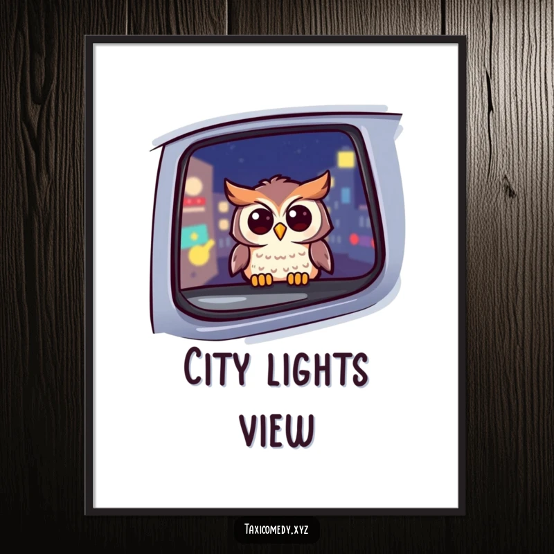 Funny owl digital art print of a cheerful owl in a taxi at night, offering a whimsical and humorous illustration for download.