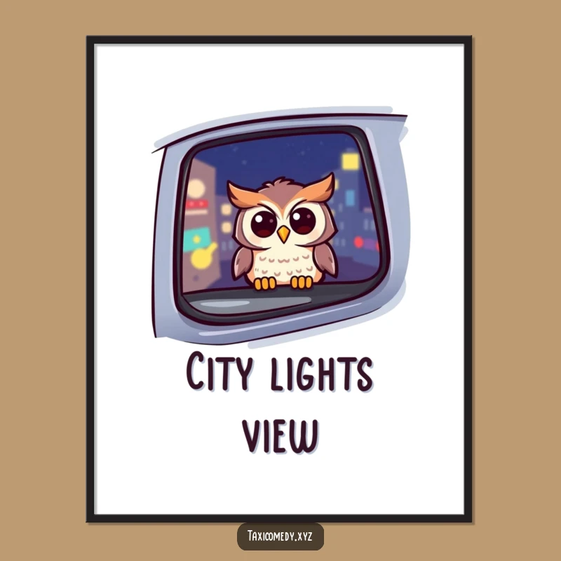 Funny Owl Taxi Night Digital Print: Cheerful Cityscape Art, Instant Funny Gift