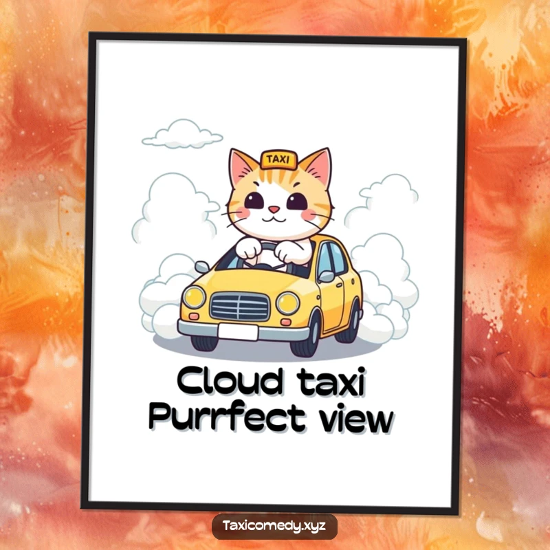 Funny digital art print of a cat steering a taxi down a road made of clouds, a humorous and surreal piece for instant download.
