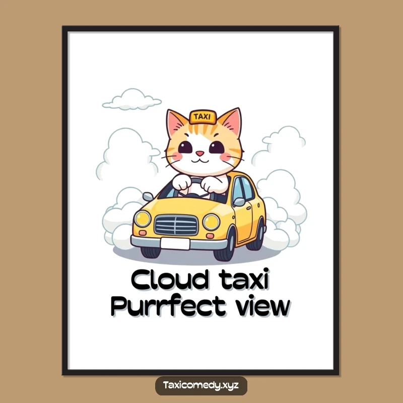 Funny Cloud Taxi Cat Digital Print: High-Res Feline Driver, Instant Funny Gift!