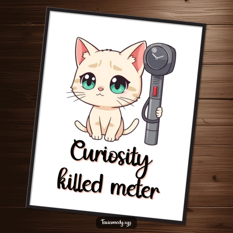 Funny digital art print of a cat with big eyes watching a taxi meter, capturing a moment of humorous curiosity.