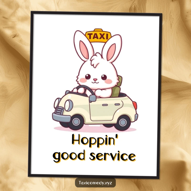 Funny fluffy bunny taxi driver nodding, welcoming passengers, downloadable funny gift digital art print.