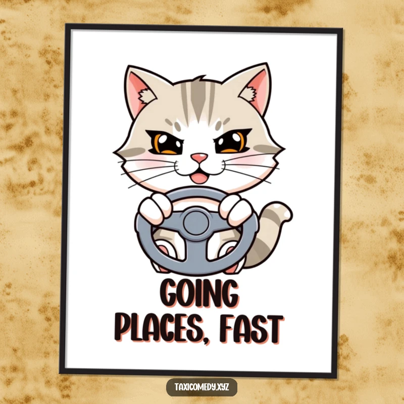 Funny cat digital art print capturing a determined cat character with a grin, holding a steering wheel.