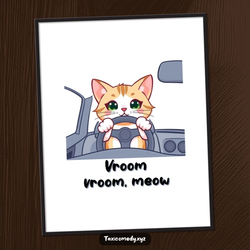 Funny cat driver digital art print, an excited cat with paws on the wheel, ready for a fun drive.