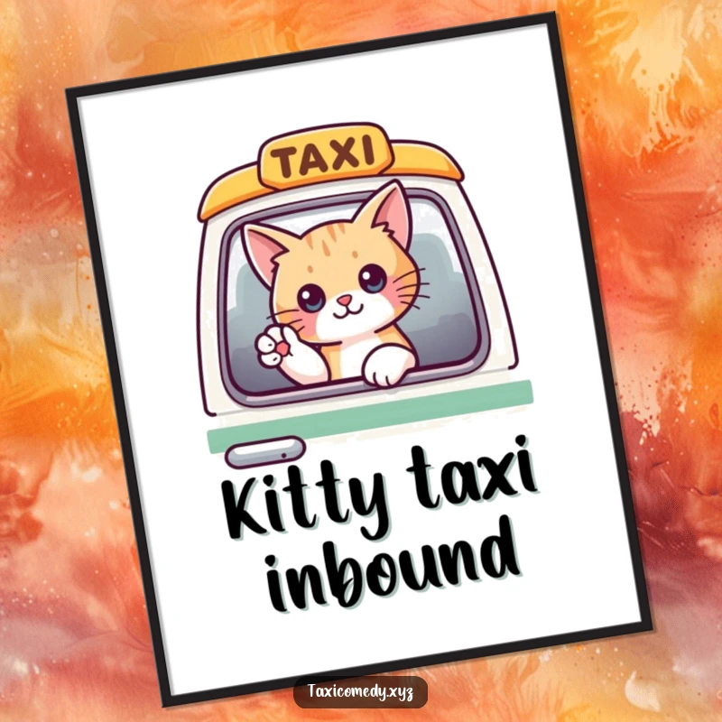 Funny cat peeking from a taxi, waving, humorous digital art print for instant wall decor.
