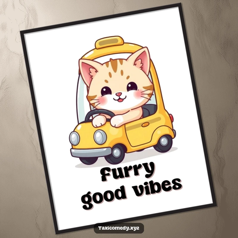 Funny digital art print of a cute, smiling cat driving a tiny yellow taxi, ready for instant download and display.