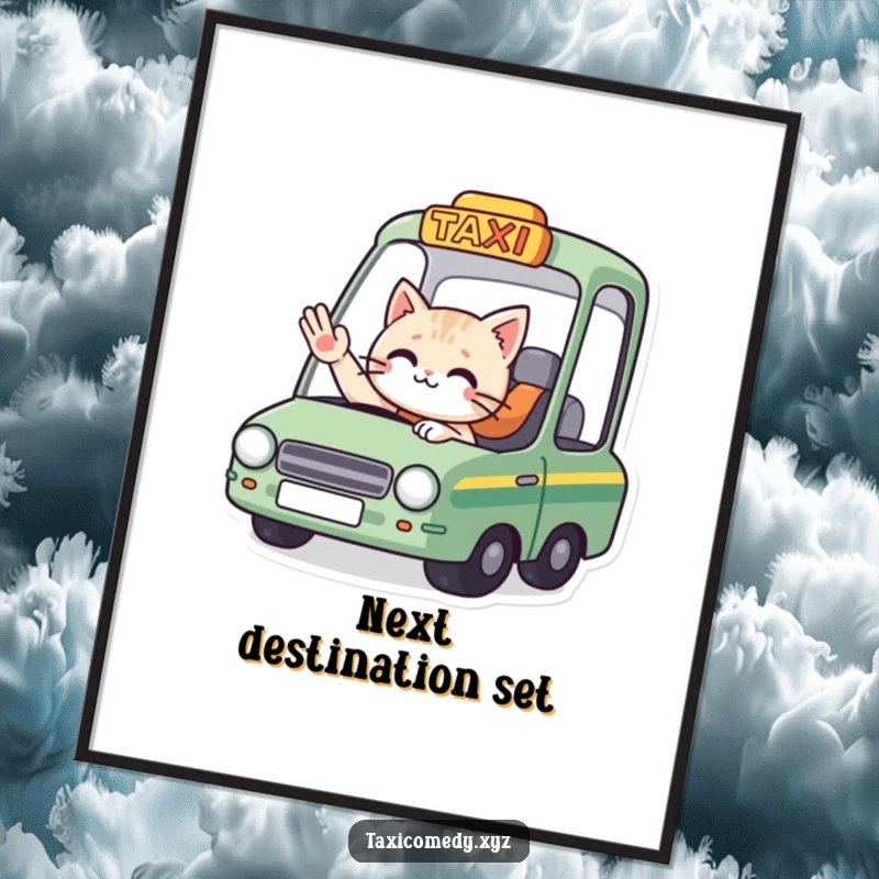 Funny digital art: a cat driver in a taxi waves goodbye, capturing a humorous and friendly farewell scene for wall decor.