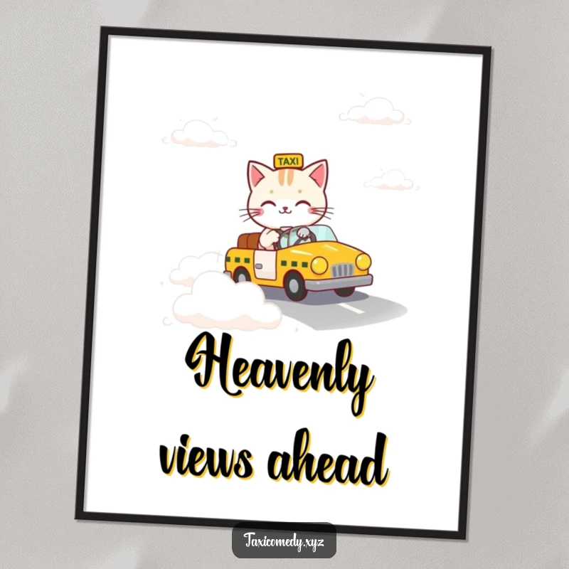 Funny digital art print of a cat steering a taxi down a surreal road made entirely of clouds.
