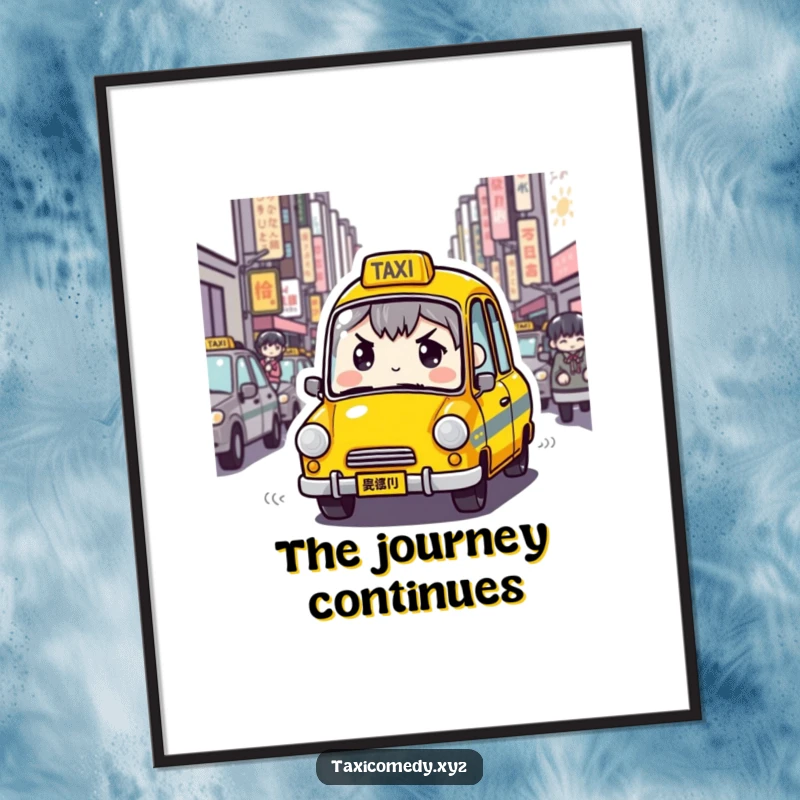 Funny Determined Taxi Digital Art Print of a taxi character with a determined expression navigating crowded city streets, designed to bring urban humor to any wall.