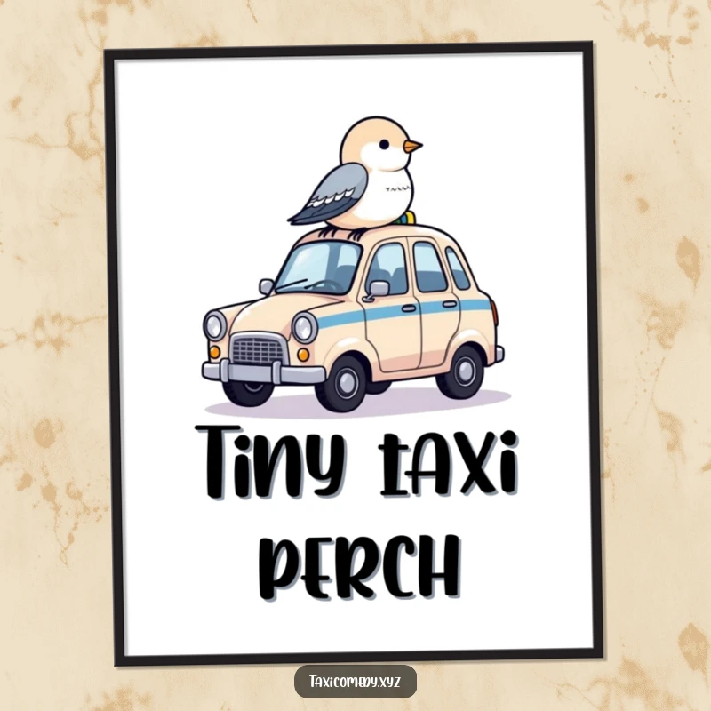 Funny digital art of a small bird perched on the roof of a miniature taxi, creating a cute scene.