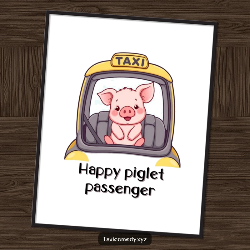 Funny digital art of a happy piglet joyfully riding in the passenger seat of a taxi.