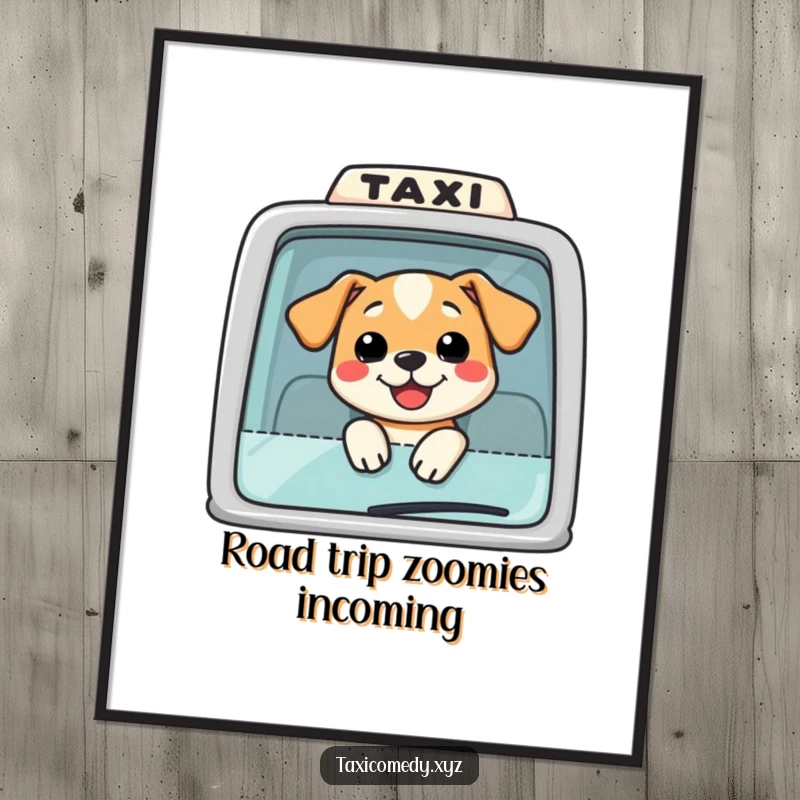 Funny Dog Taxi Digital Art Print: A smiling dog enjoying its head out of a taxi window, a humorous and charming piece for instant decoration.