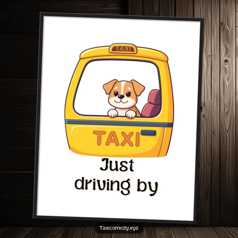 Funny dog taxi digital art print, high-resolution image of a dog in a car, vibrant and humorous artwork.