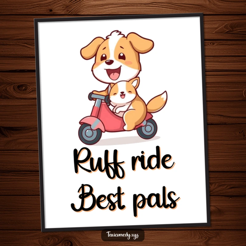 Funny digital art print of a dog giving a ride to a smaller animal passenger, a humorous and heartwarming piece for instant download.