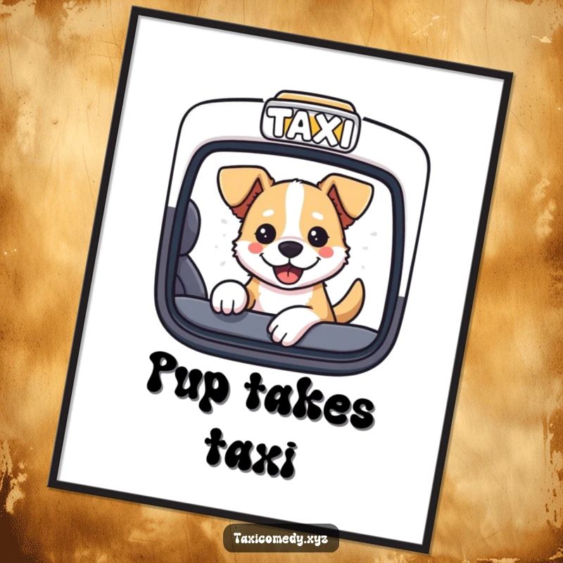 Playful dog with head out of a taxi window, humorous digital art print for instant wall decor.