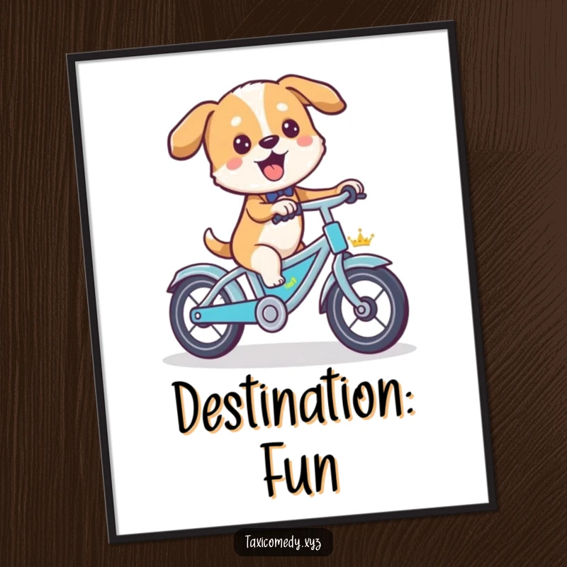 Funny dog artistically depicted pedaling a bicycle taxi, a downloadable digital art print.