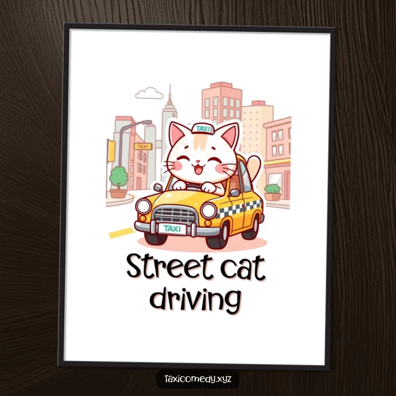 Funny digital art print of a happy cat driving a taxi through a stylized city, bringing instant humor and cheer.