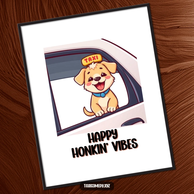 Funny energetic puppy in taxi window, barking with excitement, downloadable funny gift digital art.