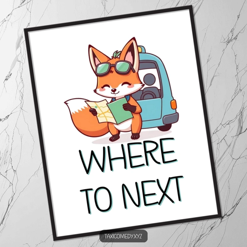 Funny digital art print of a fox holding a map and giving directions to a taxi driver, ready to be printed and add a witty, intelligent focal point.