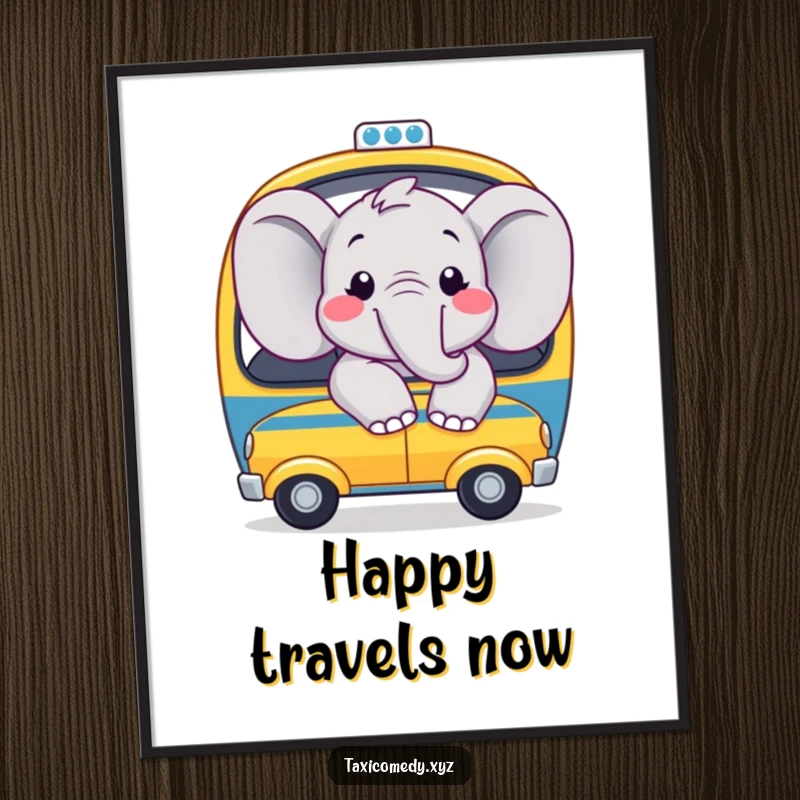 Funny digital art print of a joyful elephant with big smiles, looking out the window of a toy taxi, for cheerful decor.