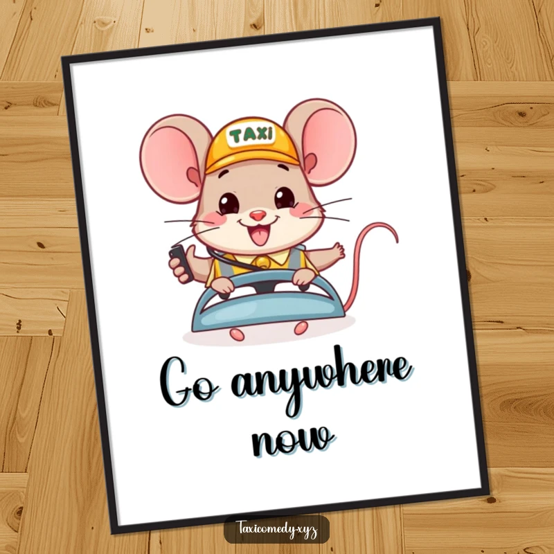 Funny digital art: a happy mouse wearing a headset cheerfully dispatches taxis, a vibrant and amusing scene for wall decor.