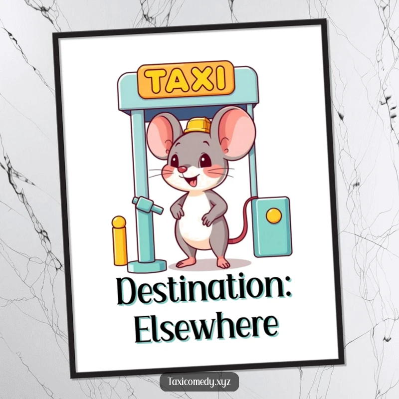 Funny happy mouse character humorously waiting at a taxi stand, available as a digital art print.