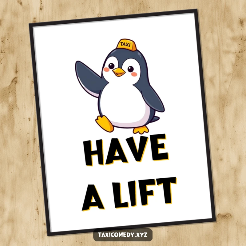 Funny digital art print of a cheerful penguin actively hailing a taxi, full of personality and humorous anticipation for a ride.