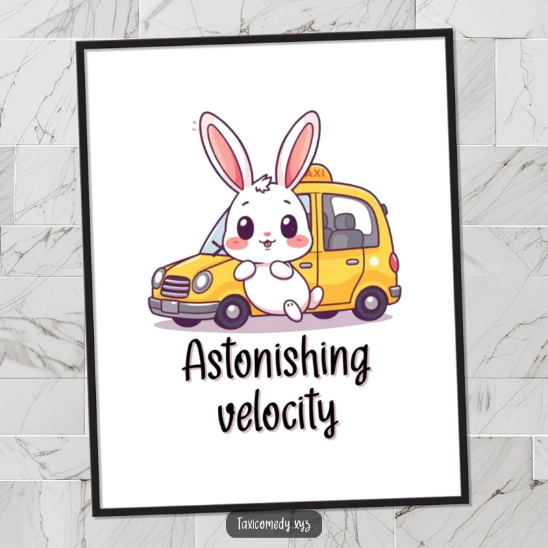 Funny rabbit digital art print of a surprised bunny as a taxi speeds past happily. Ready for printing.