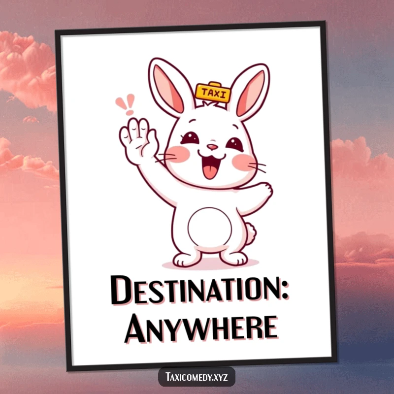 Funny rabbit character humorously hailing a taxi, available as a digital print for immediate cheerful decor.