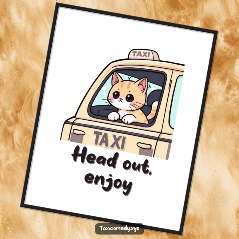 Funny Cat digital art print of a cat passenger with its head out of a taxi window, enjoying the breeze, creating a humorous accent.
