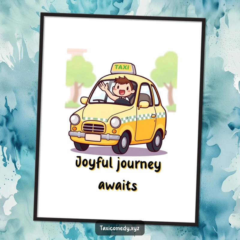 Funny digital art print of a taxi cab with an excited driver waving from the window, offering instant humorous decor.